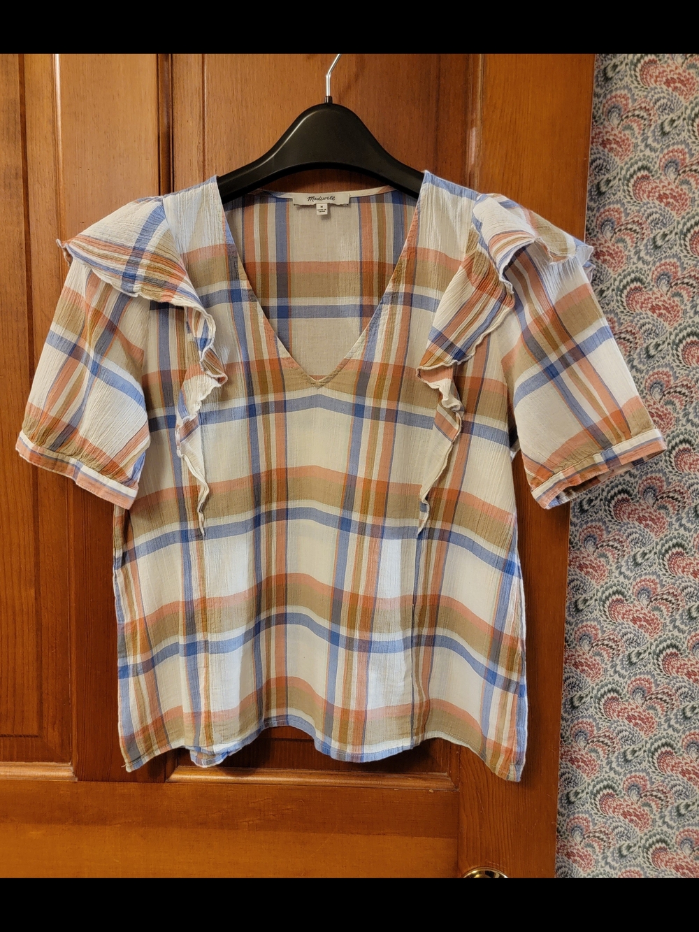 Madewell V-Neck Shoulder-Ruffle Top Shady Plaid Rusted Tin Gauze Size Medium